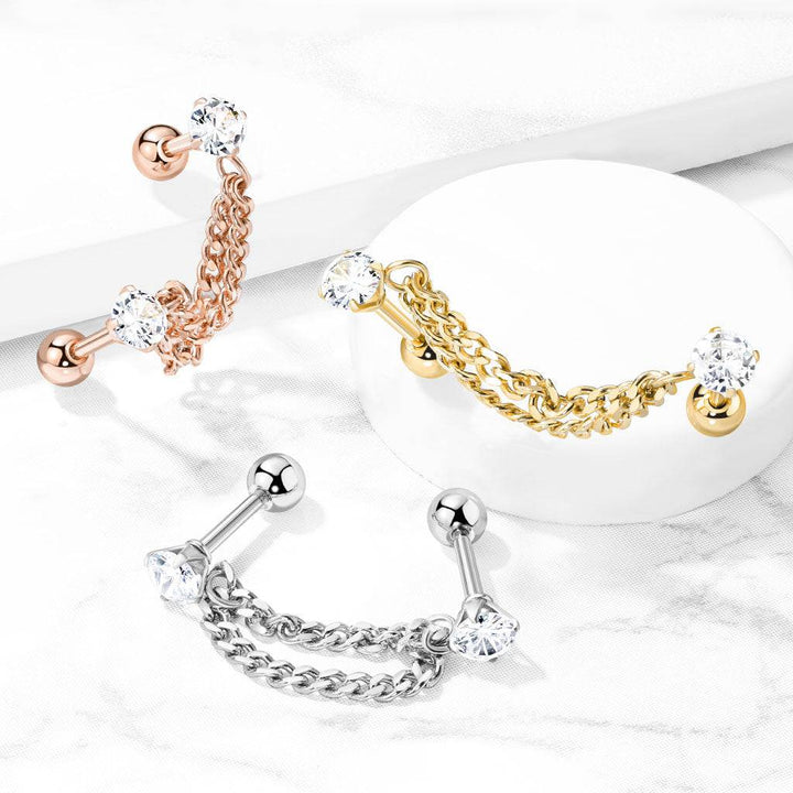 Rose Gold PVD Surgical Steel Double Chain Link Ball Back CZ Barbell Studs - Pierced Universe