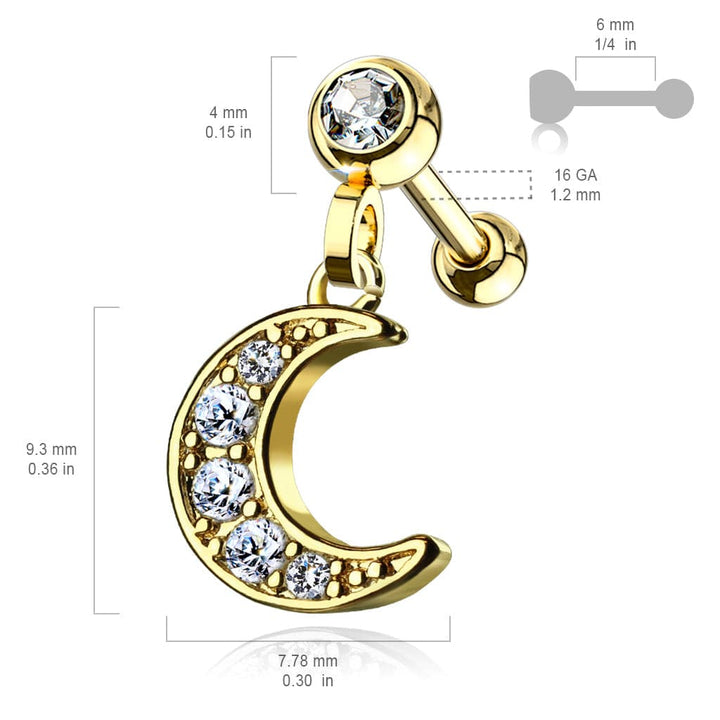 Surgical Steel Ball Back Crescent Moon White CZ Dangle Cartilage Ring - Pierced Universe