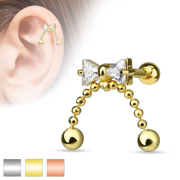 Surgical Steel Beaded Dangle Ribbon Ball Back Cartilage Ring - Pierced Universe