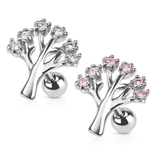 Surgical Steel CZ Gemmed Tree Ball Back Cartilage Helix Ring - Pierced Universe