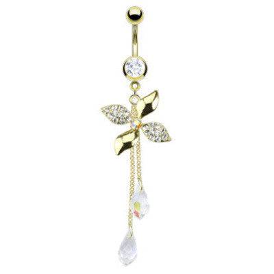 Surgical Steel Gold Plated Chandelier Flower CZ Gem Dangle Belly Ring - Pierced Universe