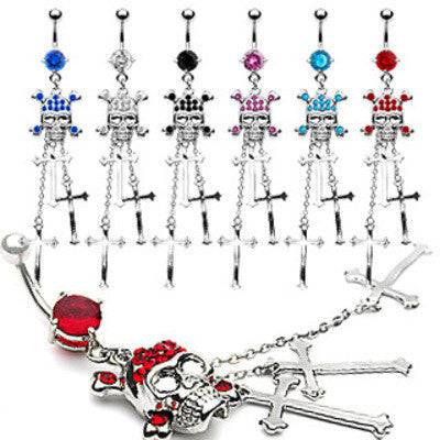 Surgical Steel Gothic Skull and Cross Long CZ Dangle Belly Button Navel Ring - Pierced Universe