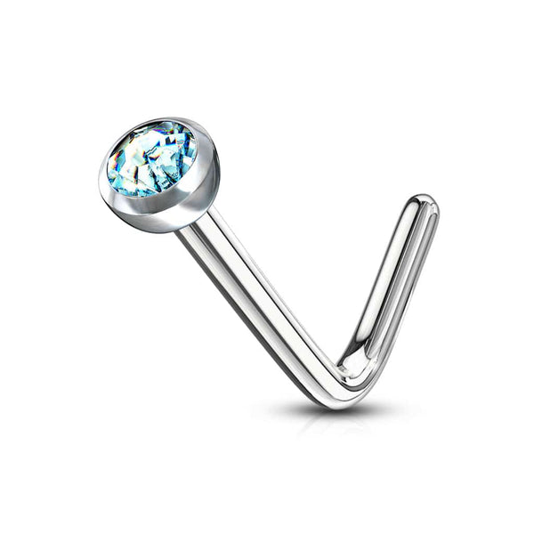 Surgical Steel Press Fit Aqua CZ Gem "L" Shape Nose Ring Pin - Pierced Universe