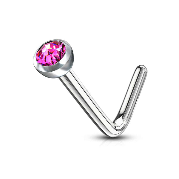 Surgical Steel Press Fit Fuchsia CZ Gem "L" Shape Nose Ring Pin - Pierced Universe