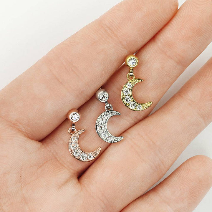 Surgical Steel Rose Gold Plated Ball Back Crescent Moon White CZ Dangle Cartilage Ring - Pierced Universe