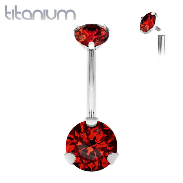 Implant Grade Titanium Internally Threaded Red CZ Prong Belly Button Navel Ring - Pierced Universe