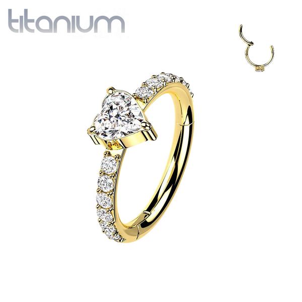 Implant Grade Titanium Rose Gold PVD White CZ With Heart Shaped Center Hinged Clicker Hoop