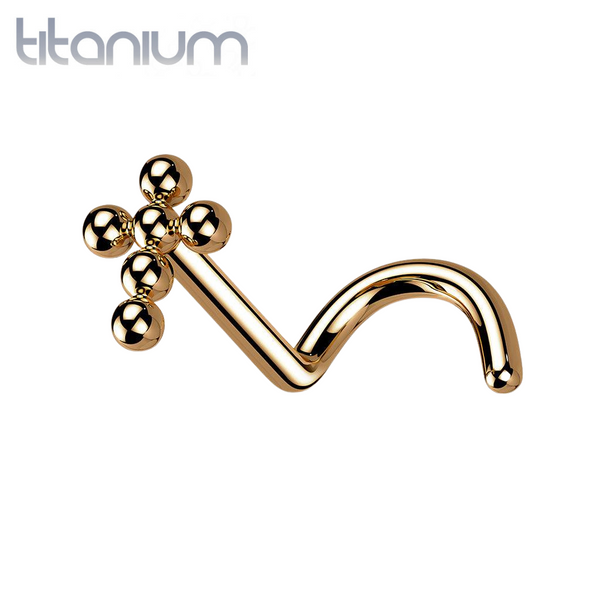 Implant Grade Titanium Rose Gold PVD Corkscrew Beaded Cross Nose Stud Ring - Pierced Universe