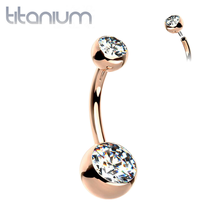 Implant Grade Titanium Rose Gold PVD Double Ball White CZ Gem Belly Ring - Pierced Universe