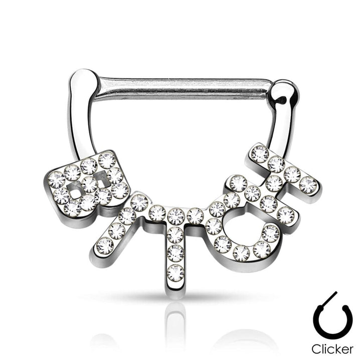 White CZ Paved "Bitch" 316L Surgical Steel Nipple Clickers Ring Shield - Pierced Universe